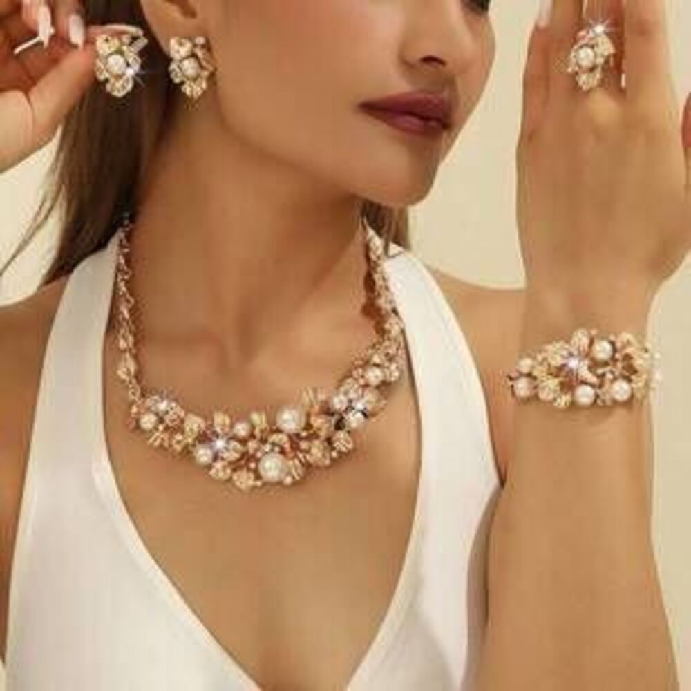 5PC Hollow Flower Shape Necklace Earrings Ring Bracelet Set 's Bridal Je Gift